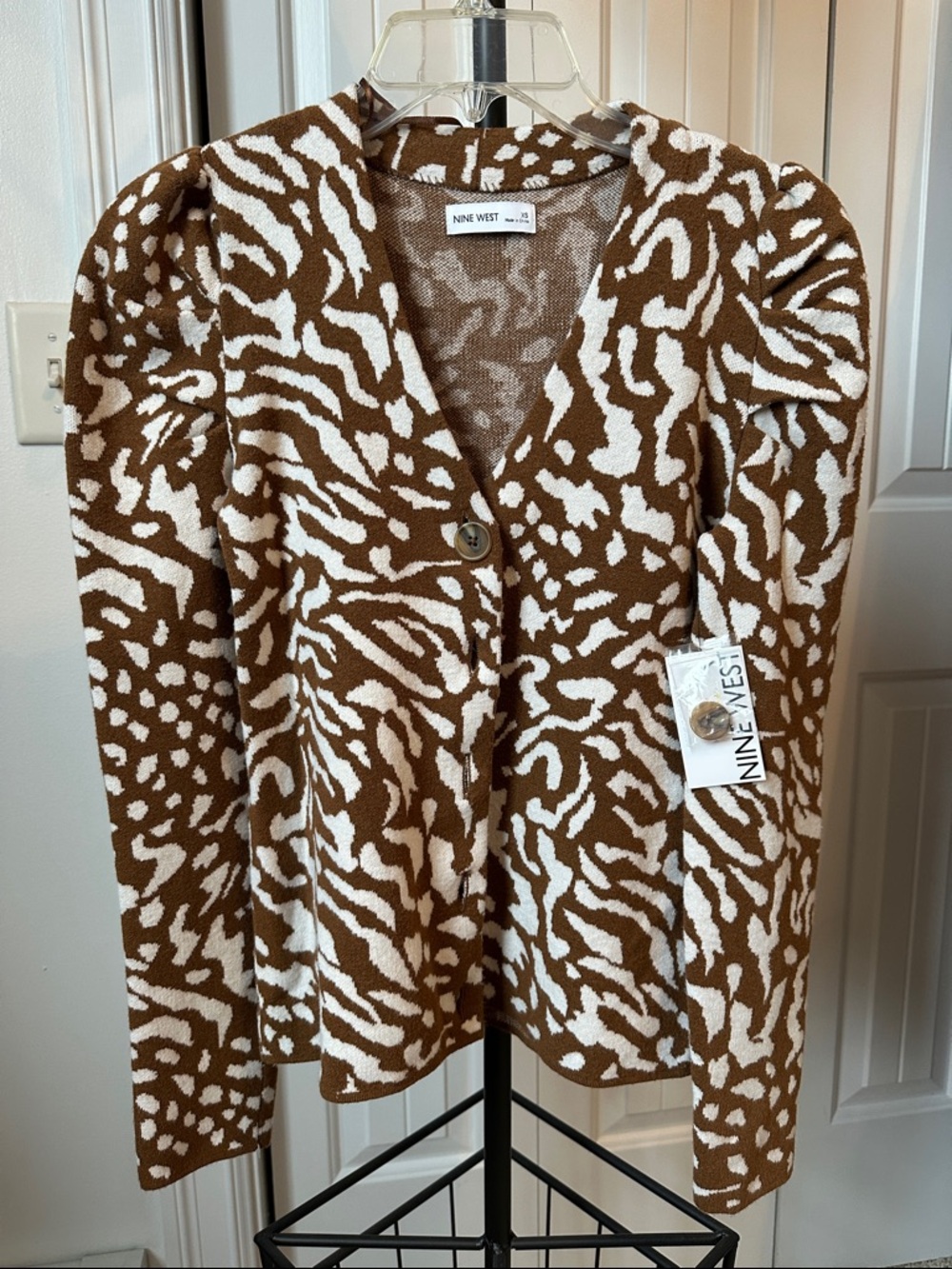 Nine West Brown and White Animal-Print V-Neck Cardigan